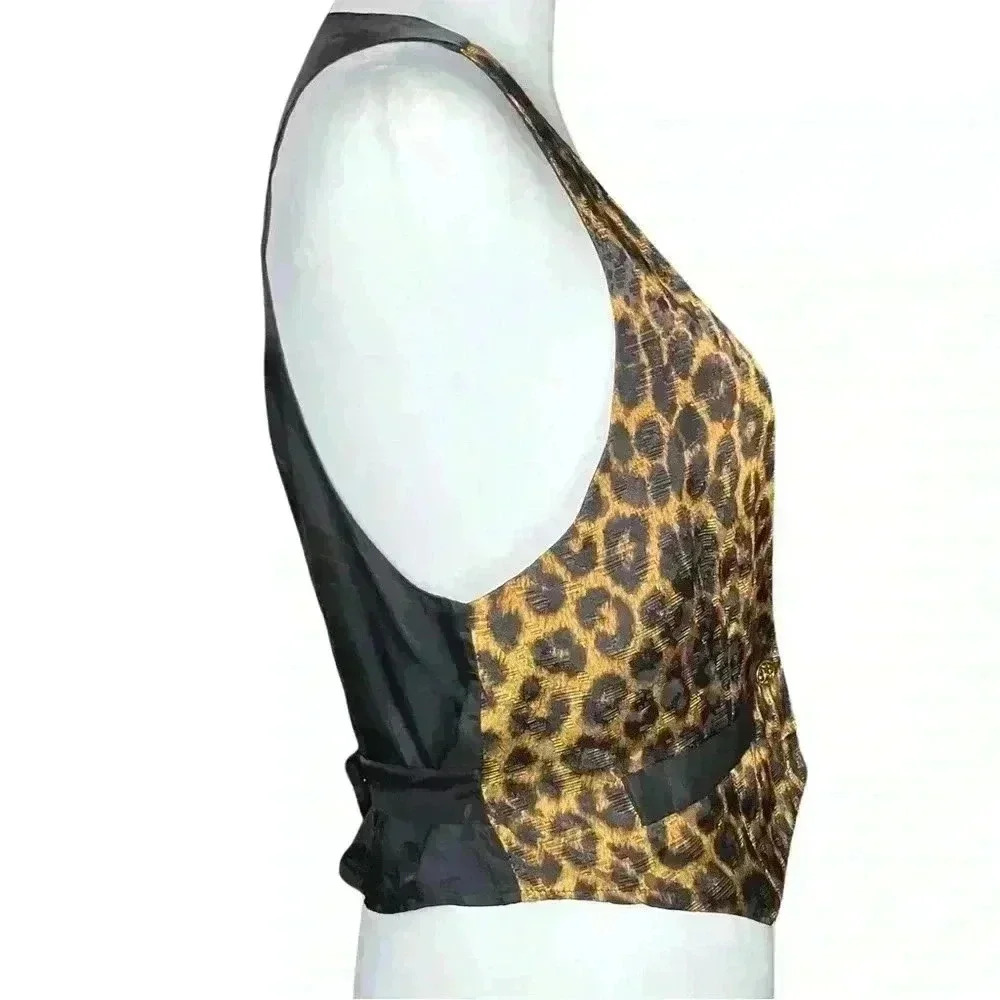 Vintage 80s Leopard Cheetah Cropped Satin Vest Brass Buttons. Retro Funky. S/M. - Picture 4 of 10